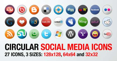 27 circular social media icons in 3 sizes