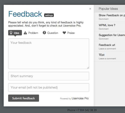 Usernoise Pro advanced Modal Feedback & Debug